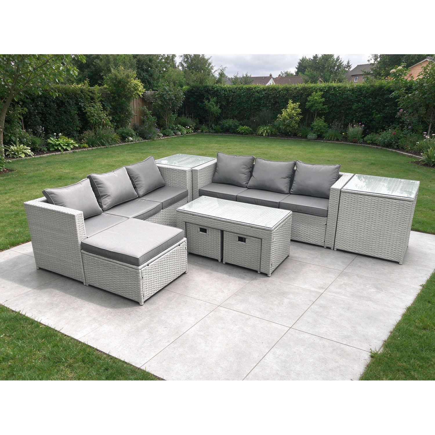 Fimous Unisex Light Grey Seater Garden Outdoor Rattan Furniture Set Rattan Garden Sofa Oblong Coffee Table With 3 Footstools 2 Side Tables Mixed Size 9 - Image 2