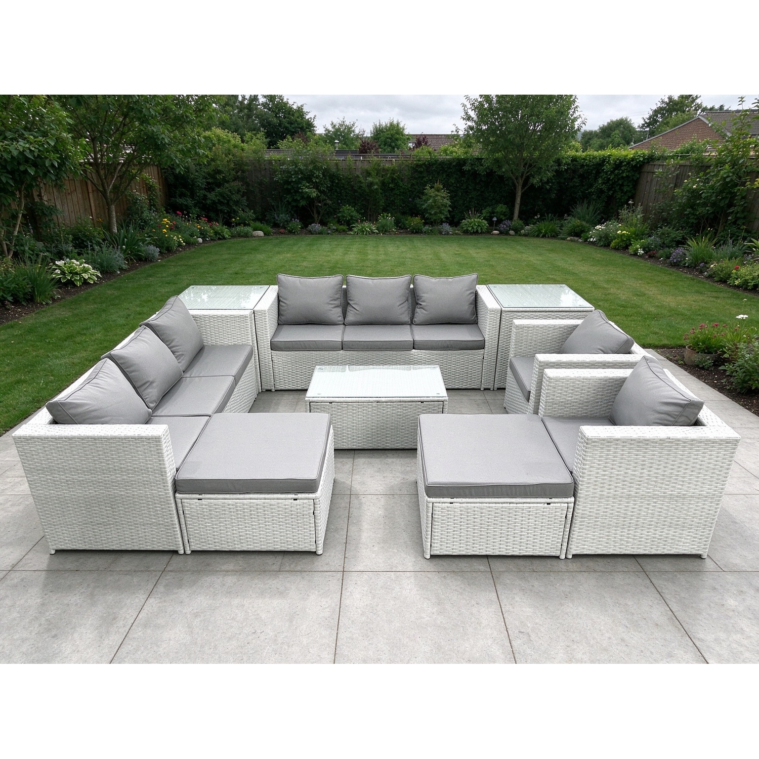 Fimous Unisex Light Grey Outdoor Rattan Sofa Garden Furniture Set With Armchairs Oblong Coffee Table Big Footstools Side Tables Mixed Size 2 - Image 2
