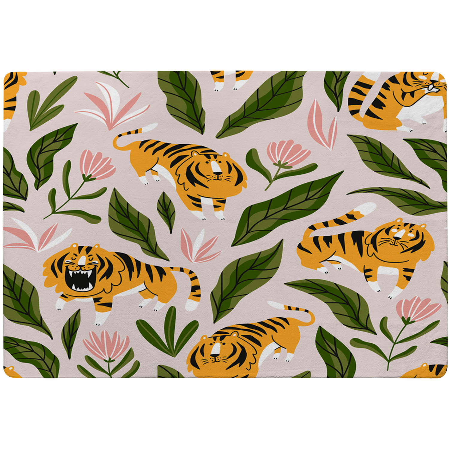 Cute Tigers And Tropical Leaves And Flowers Designer Rug - Yellow / 150cm
