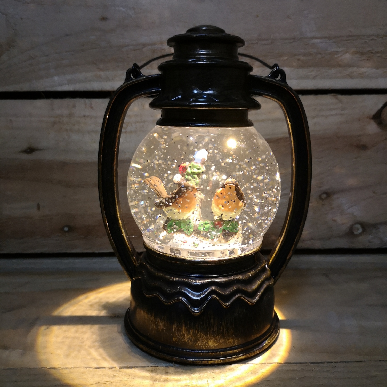 27cm Snowtime Christmas Water Spinner Lantern 2 Robins Scene - Black antique lantern