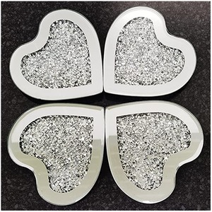 Set of 4 Heart Shaped Coaster Mirror - Full Crushed Jewel