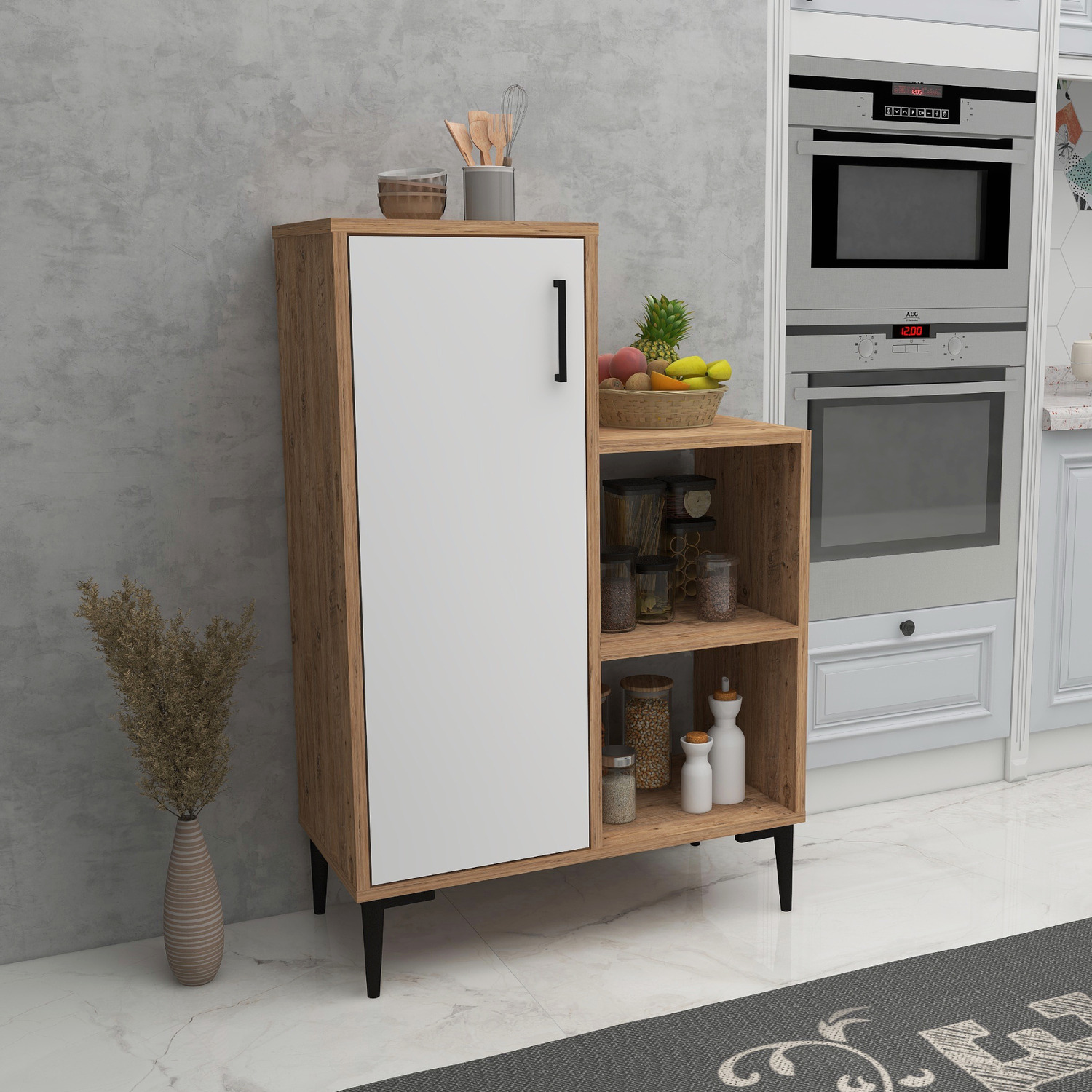 Beate Kitchen Cabinet With Shelves - Atlantic Pine - White