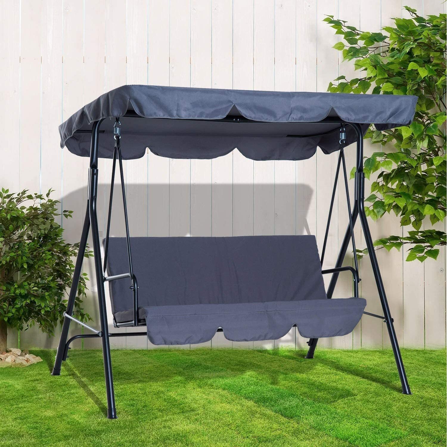 3 Seater Garden Swing Chair Seat Hammock Swinging Metal Terrace - Grey