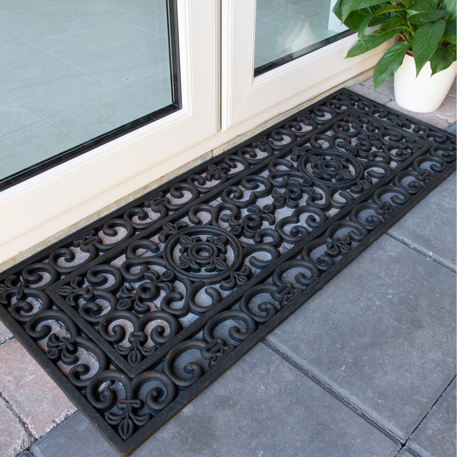 Image of Long Ornate Iron Black Floral Rubber Door Mat - Black