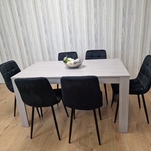 Grey Dining Table Set With 6 Black Tufted Velvet Chairs - 6 Person Dining Set