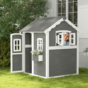 Outsunny Wooden Playhouse Window Plant Pots Indoor Outdoor Grey
