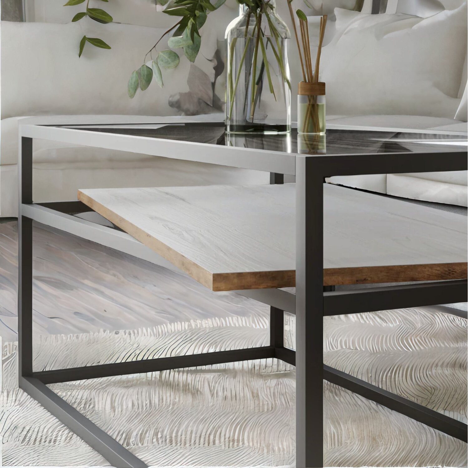 Glass Top Coffee Table With Steel Frame - White White