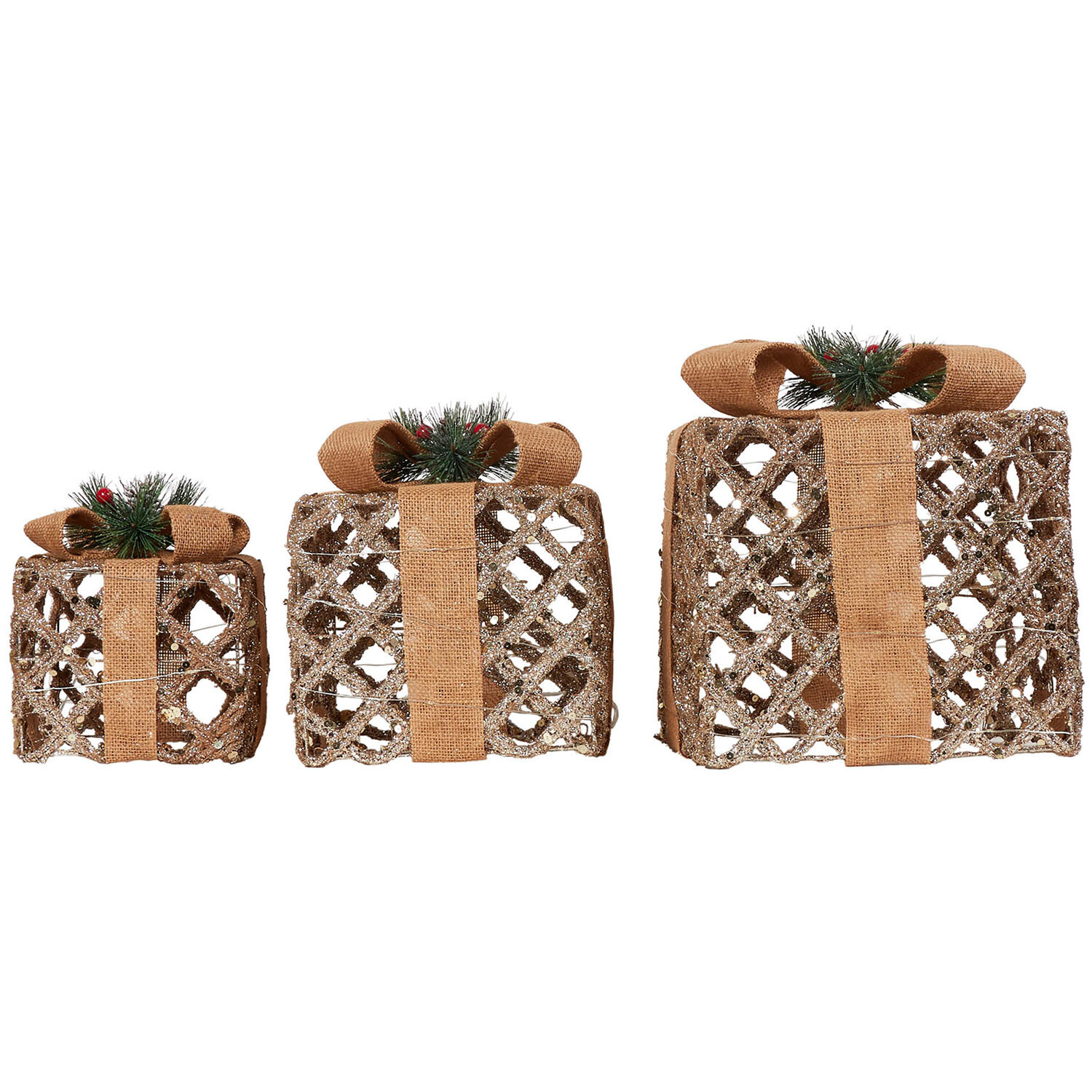 Set of 3 LED Natural Rope Presents
