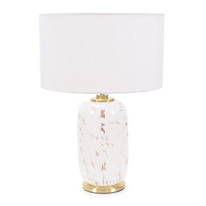 India Fabric Drum Shade on Rounded White Confetti Glass Table Lamp