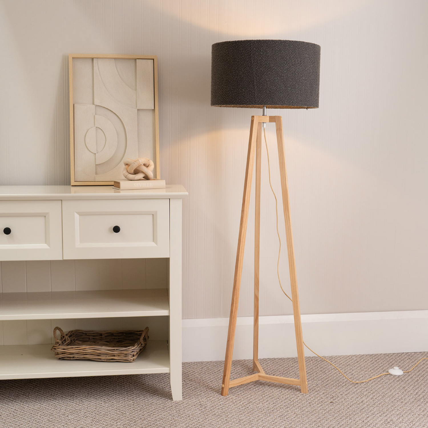 Lottie Natural Wood Floor Lamp with Boucle Shade and LED Bulb - Charcoal