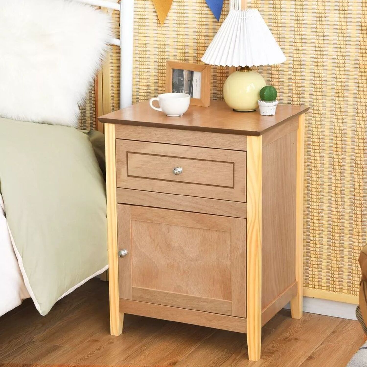 Solid Wood Bedside Table With Storage - Natural