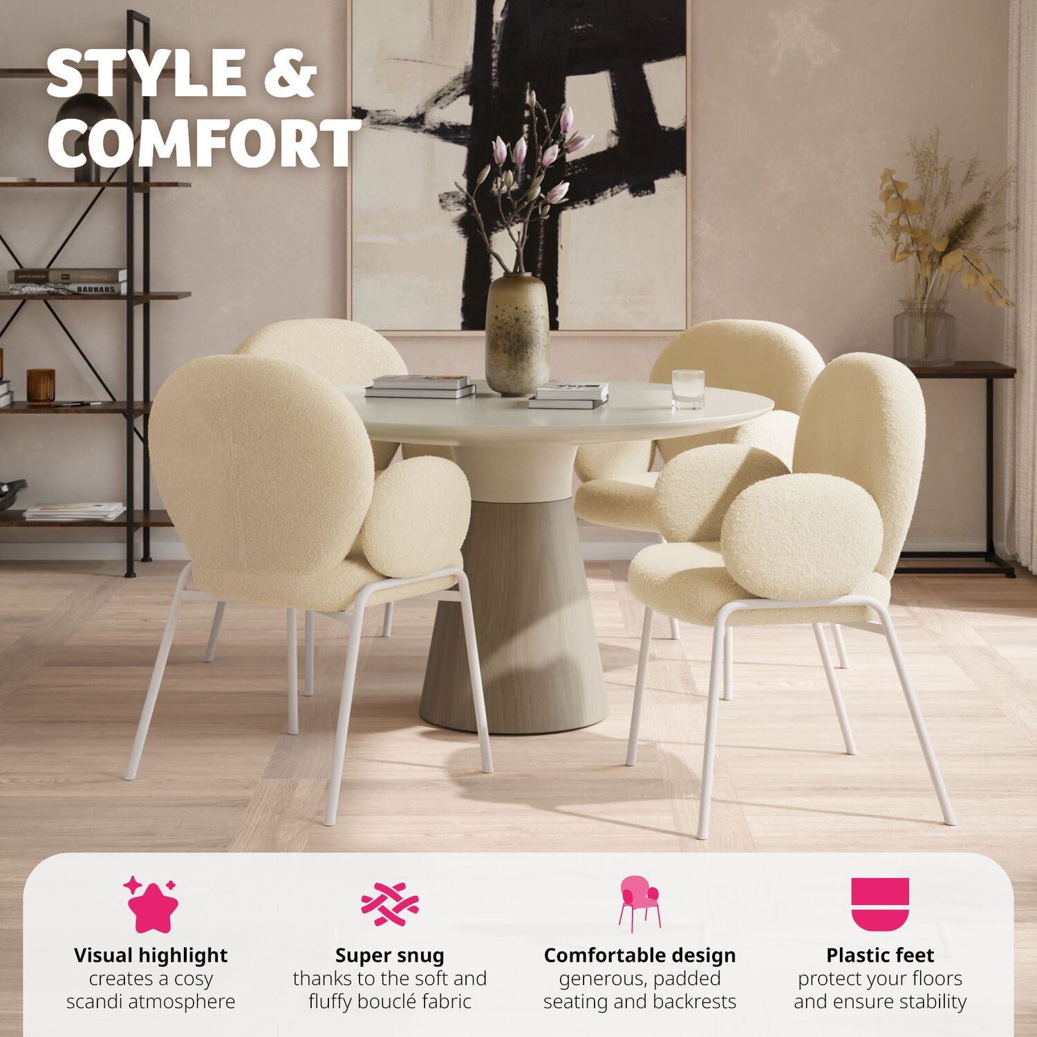 Dining Chair Scandi - Padded Boucle Cover High Backrest - Cream 90cm 1
