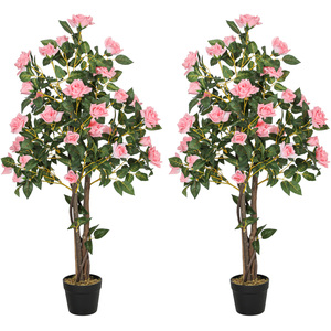 HOMCOM Set of 2 Artificial Plants Rose Trees in Pot Pink