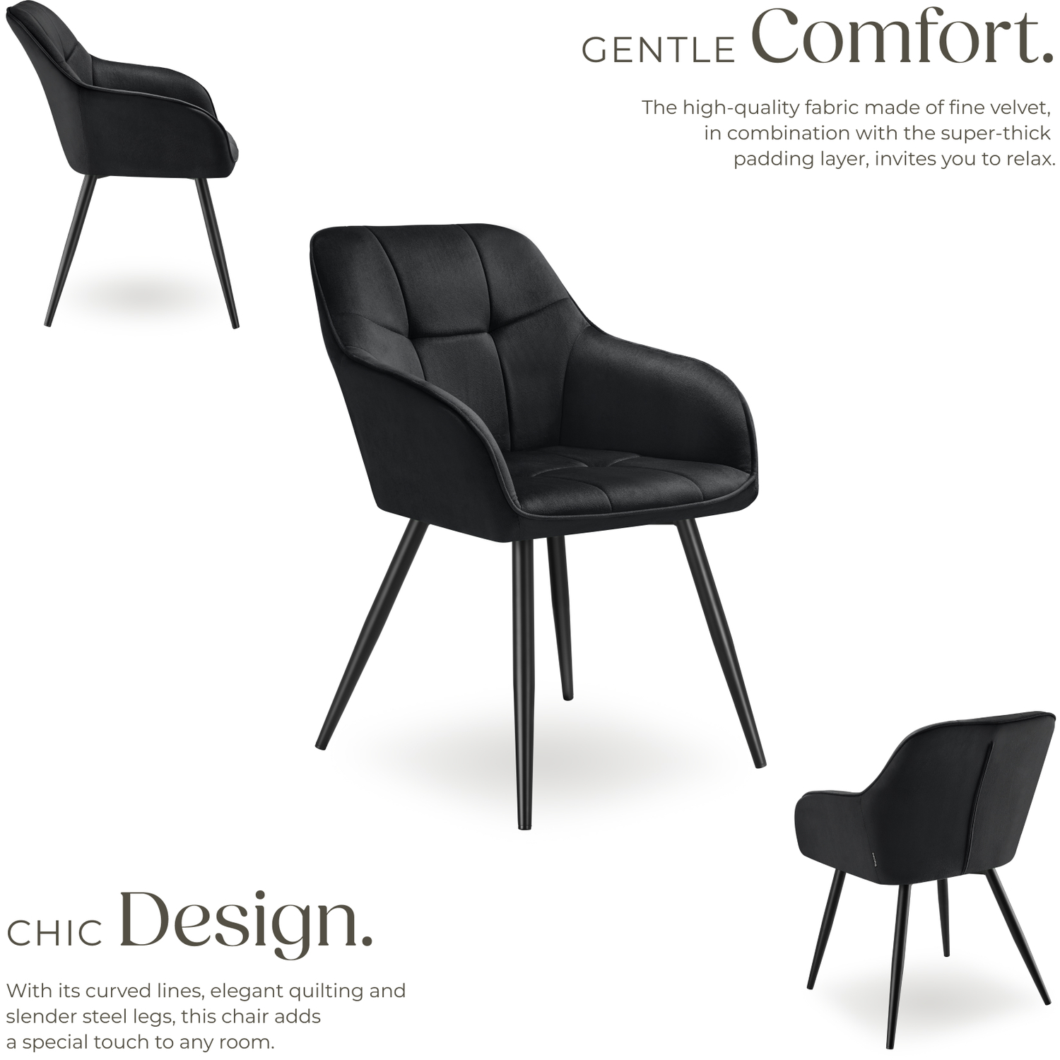 Dining Chair Marilyn - Velvet Look Quilted Pattern - Black Black 2