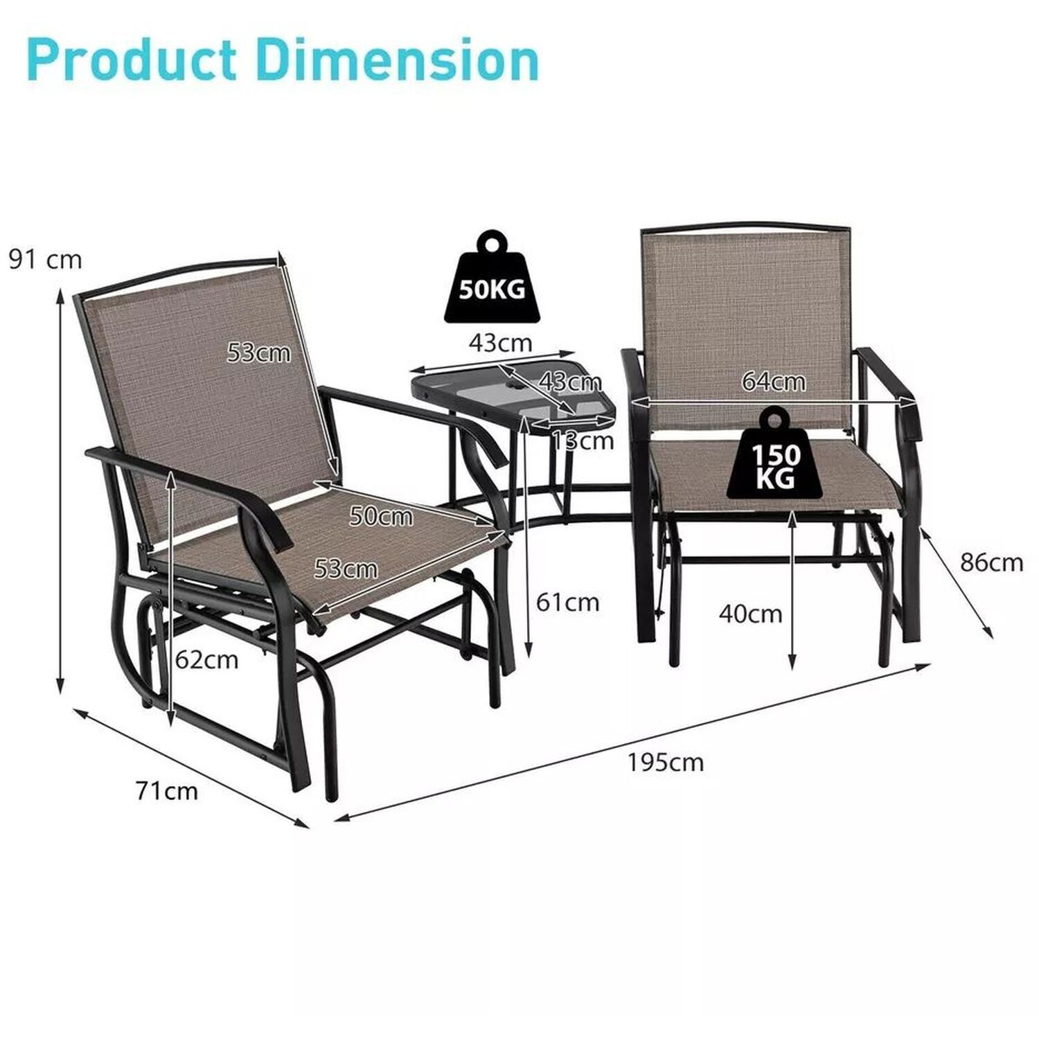 Rocking Garden Bistro Set Chair And Table With Hole For Umbrella - Brown