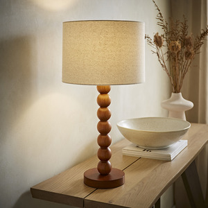 Wyatt Walnut Bobble Wood Table Lamp with Tall Linen Shade and LED Bulb