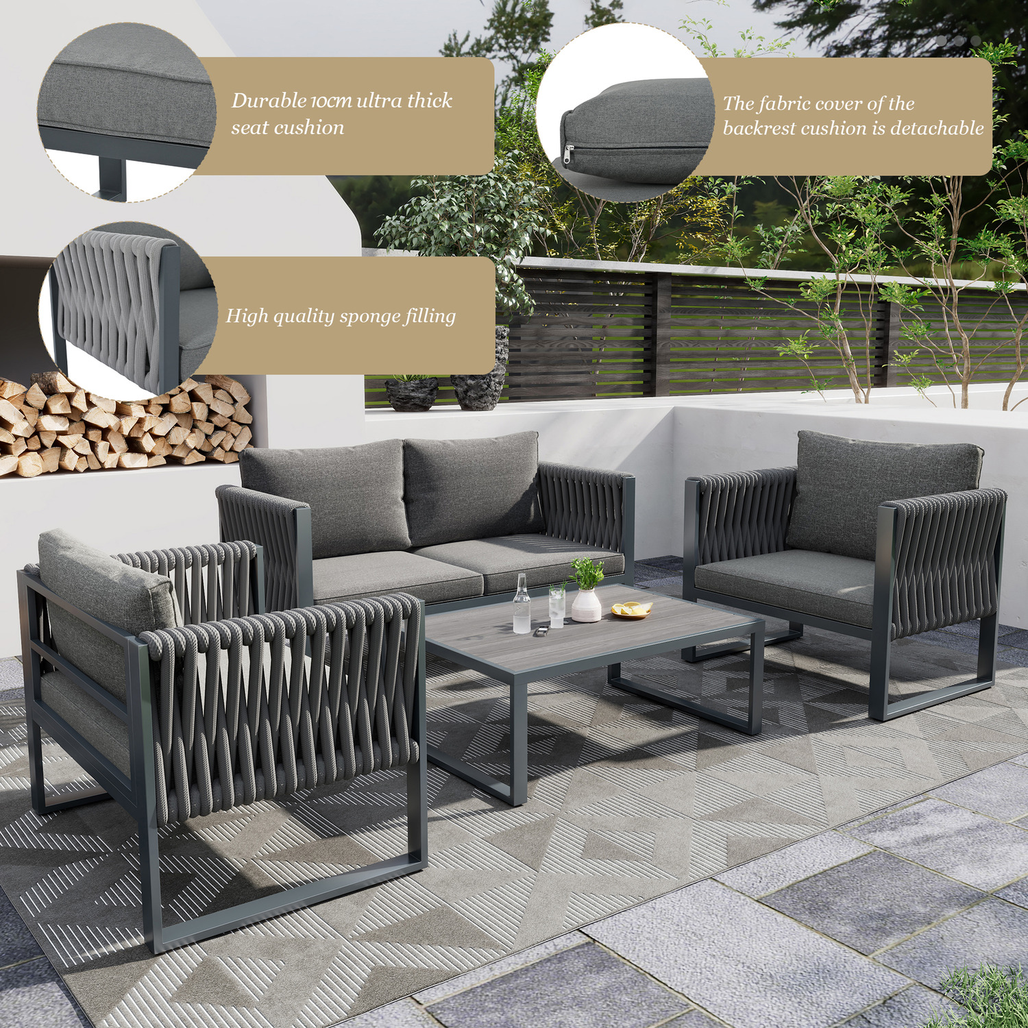 Outdoor Garden Furniture Set With Coffee Table - Grey