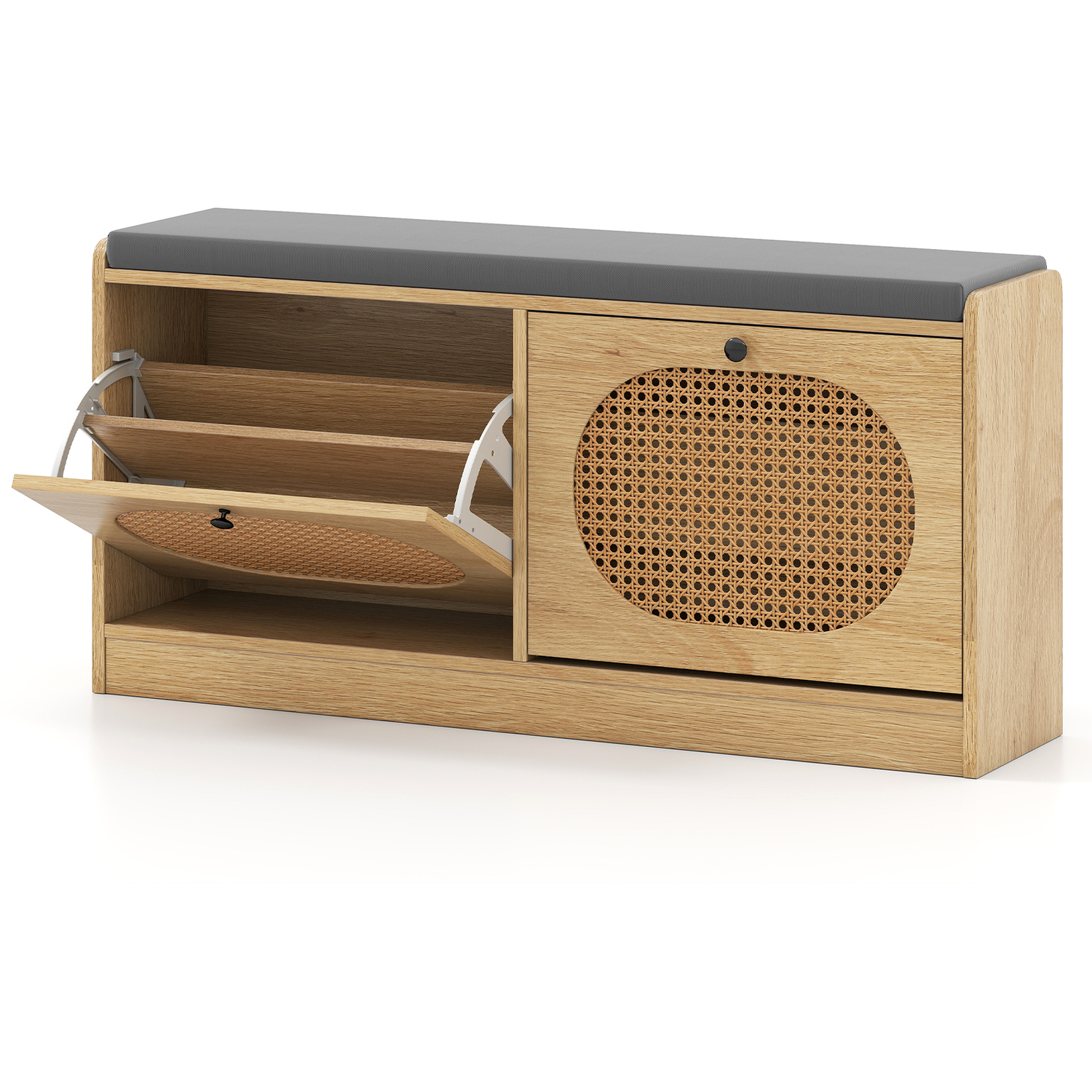 GarveeHome Rattan Shoe Bench With Storage – Entryway Bench With Linen Cushion, Natural Oak - View #6