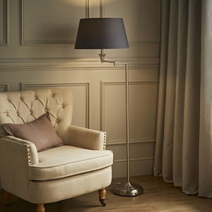 Adjustable Swing Arm Floor Lamp In Brushed Chrome Finish With Grey Light Shade
