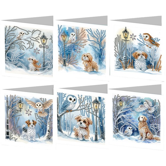 Pack of 6 Dog in Snowy Trees Card Diamond Art Kit