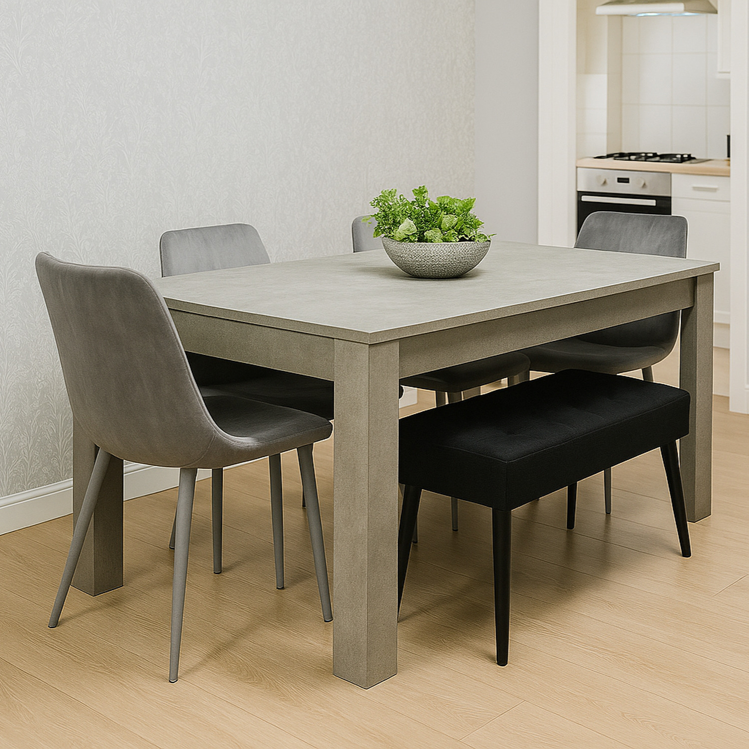 Dining Table and 4 Chairs With Bench Stone Grey Effect Wood Table