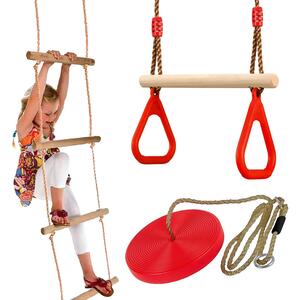 Kids Swing Set with Rope Ladder Trapeze Bar  Round Seat