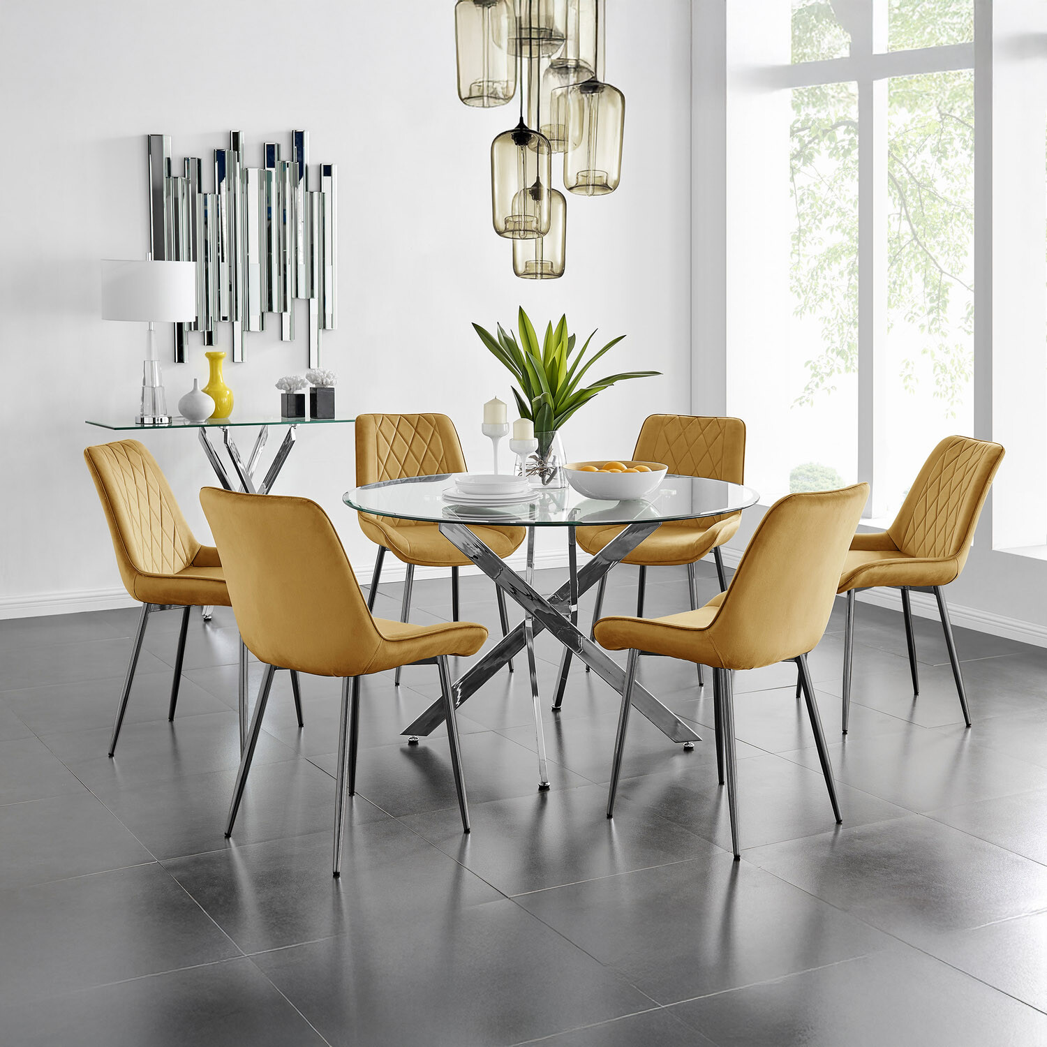 Novara Round Dining Table With Six Pesaro Black Leg Chairs - Mustard