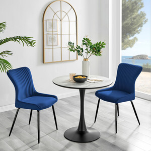 Elina White Marble Effect Round Dining Table and 2 Nora Black Leg Chairs