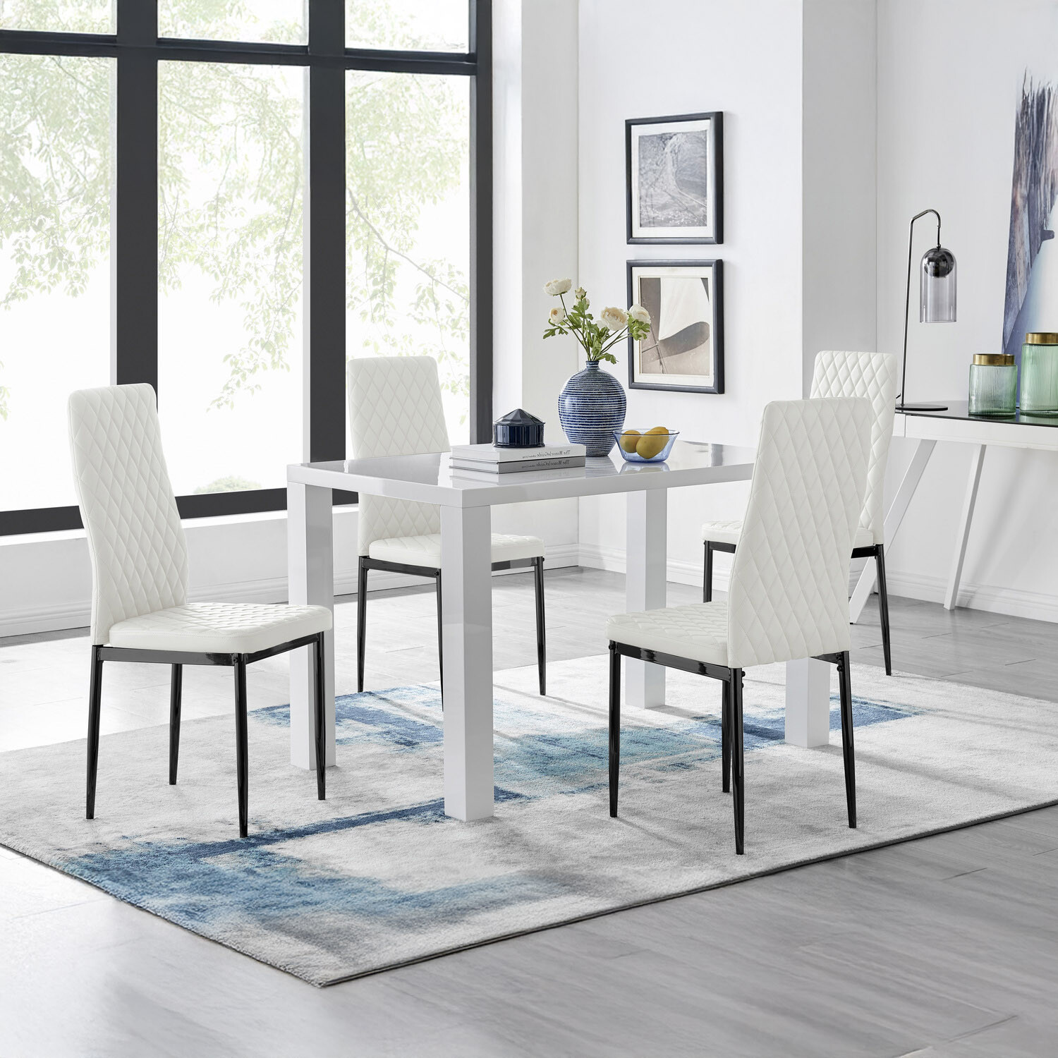 Furnitureboxuk Pivero 4 White Dining Table And 4 Milan Black Leg Chairs - White