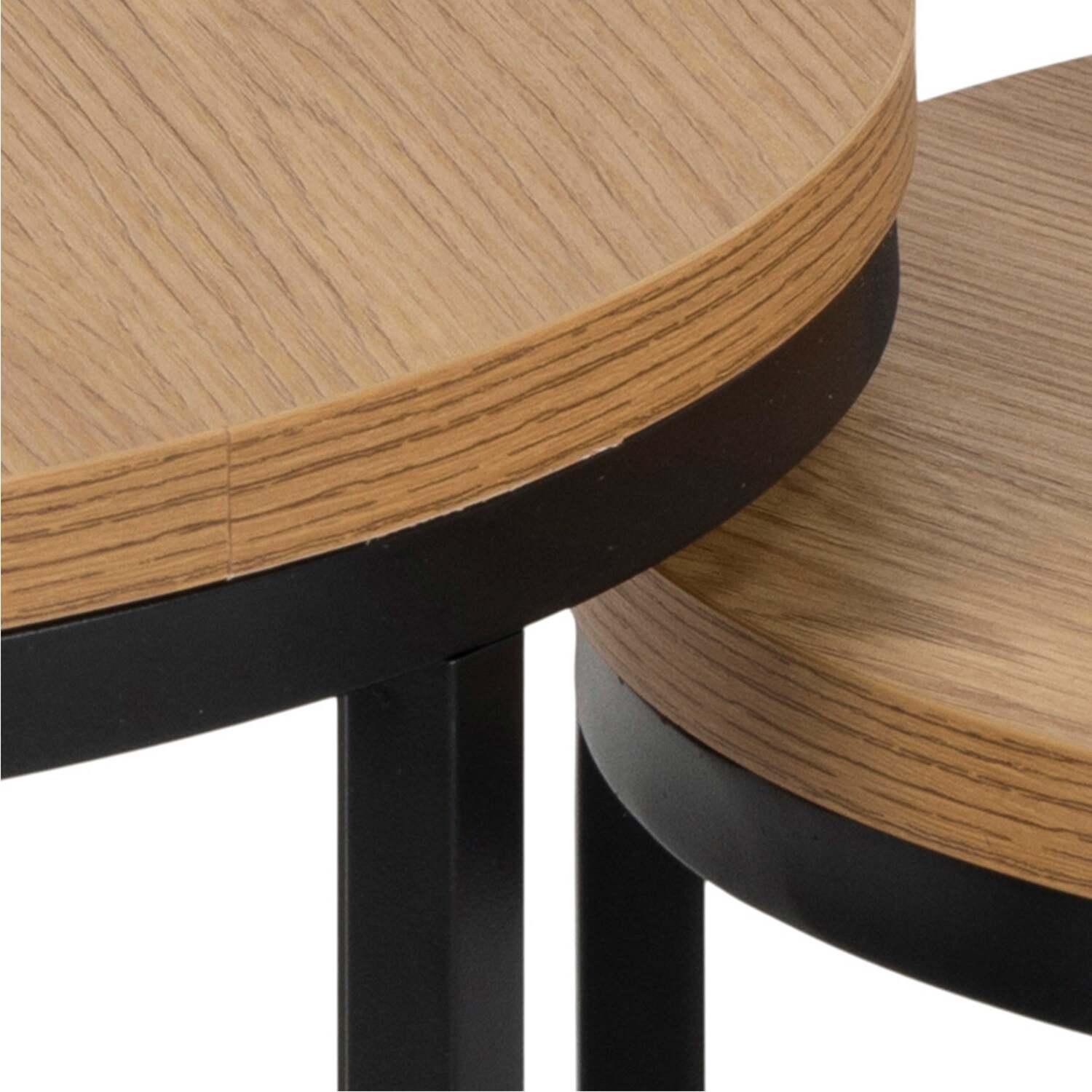 Odense Round Nesting Tables - Wild Oak Effect Tops with Black Steel Hairpin Legs - Natural
