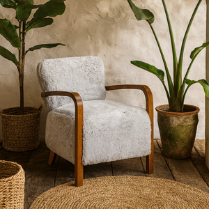 Wyld Haus Luna Cosy Grey Faux Shearling Armchair with Curved Walnut Arms