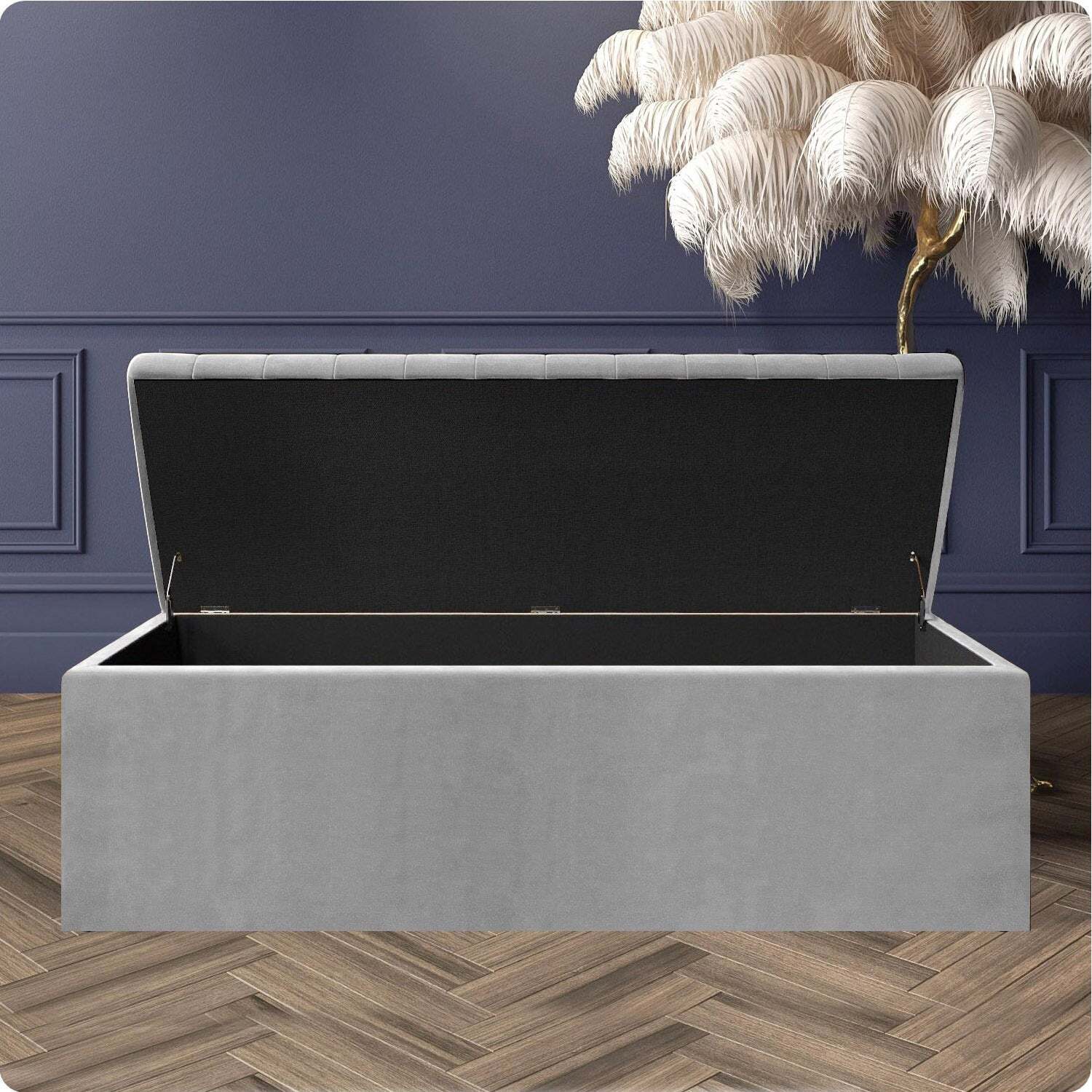 R&M Furnishers Plush Velvet Striped Upholstered Blanket Chest, End Of Bed Benc - Silver Plush Velvet
