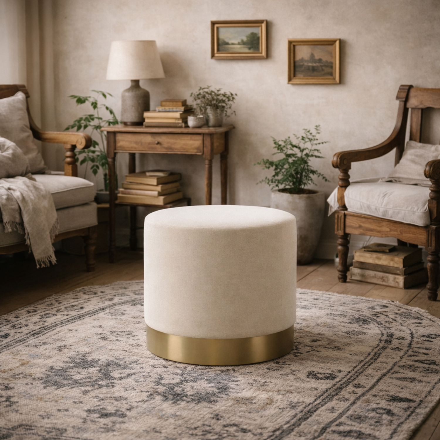 Kalua Small Velvet Stool with Brushed Gold Base - Cream