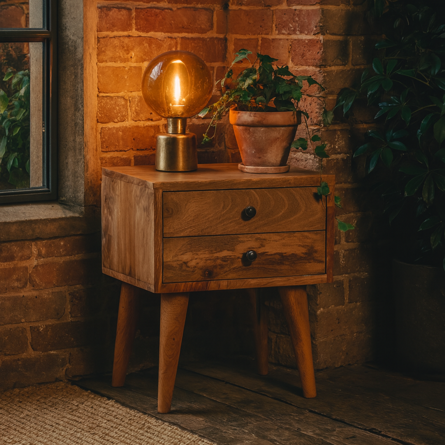 Parma Small Mango Wood Bedside Table 2 Drawer Nightstand - Brown