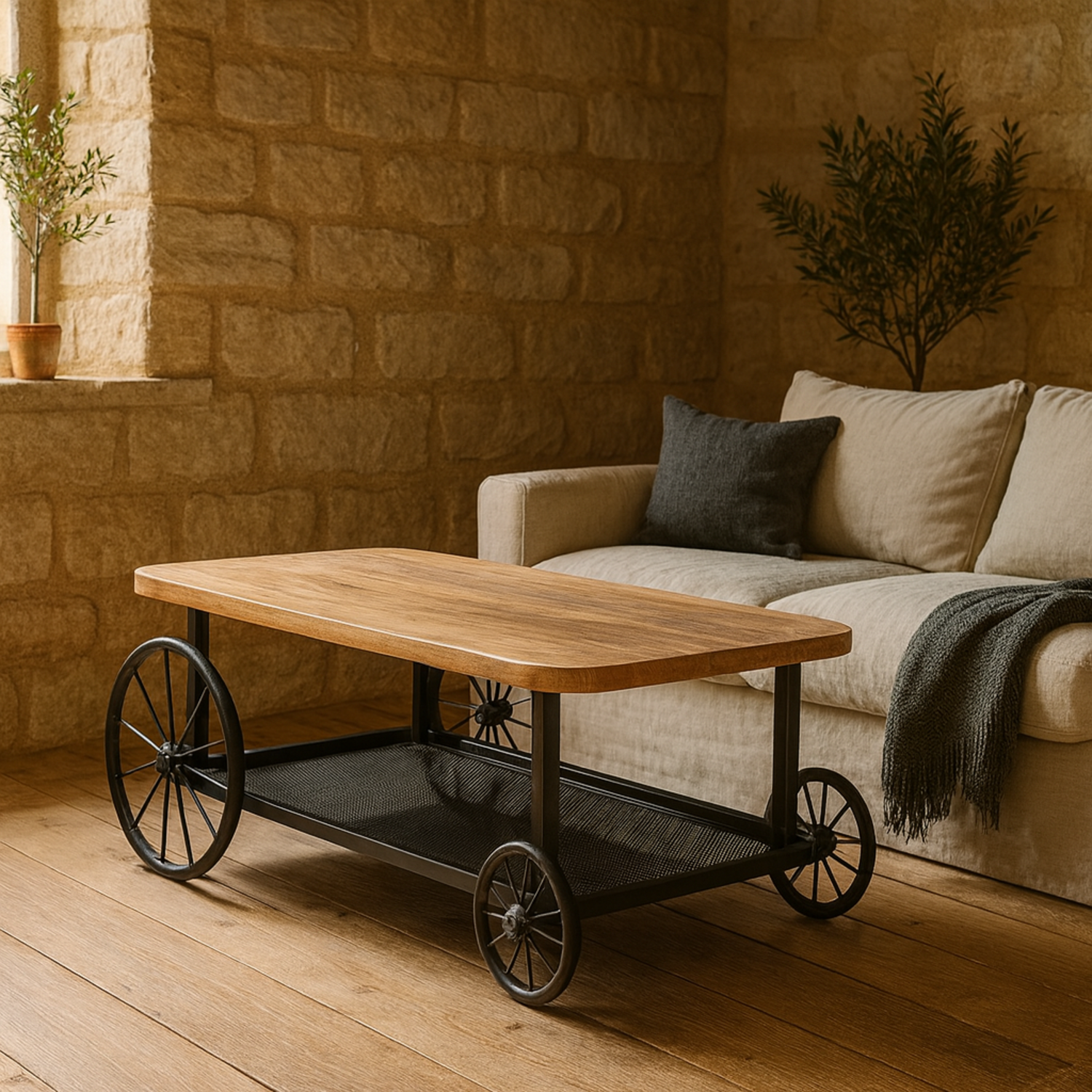 Shanghai Industrial Coffee Table Matt Frame Open Mesh Shelf - Brown