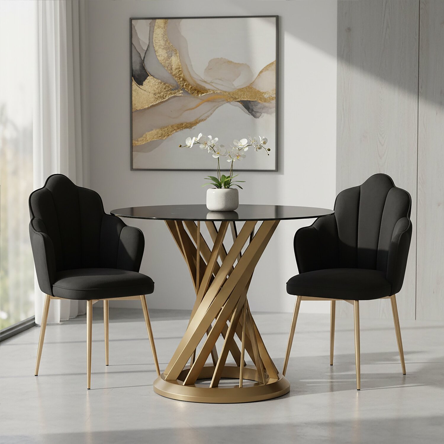 Anzio Black Glass And Gold Hourglass Base Dining Table - Gold