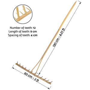 Wooden Garden Rake 12-Teeth, 60cm Wide, 120cm Long, Beech Wood
