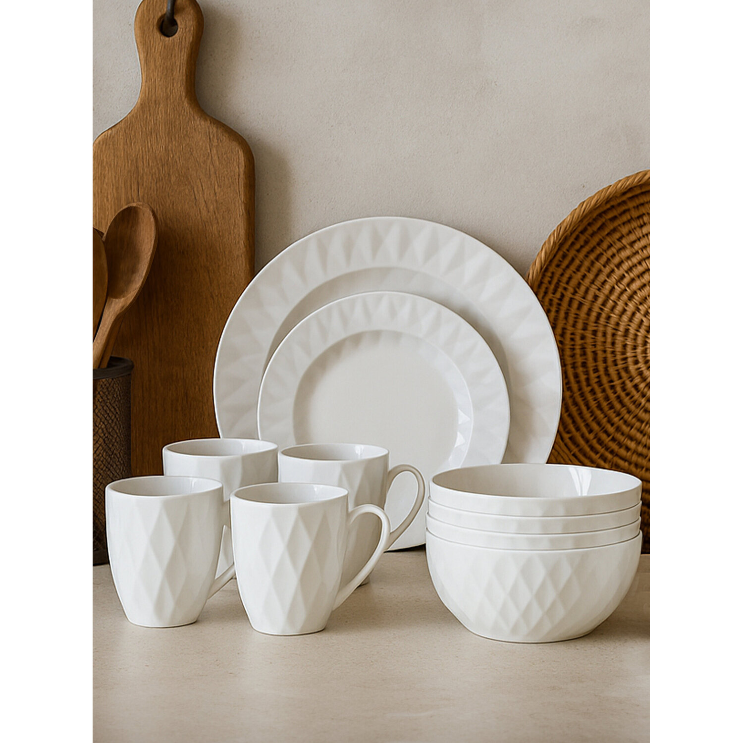 Avie 16 Piece Embossed Geo Dinner Set - White