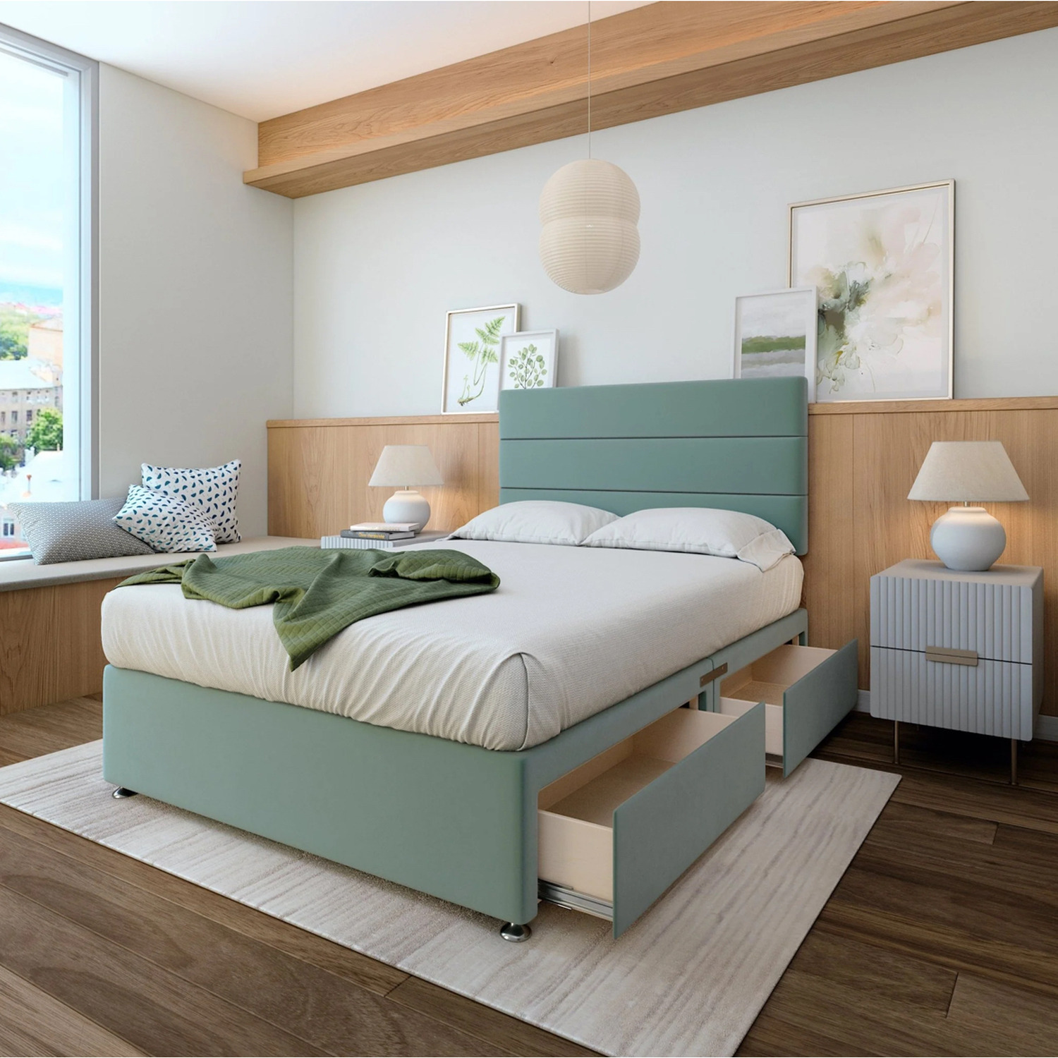Plush Velvet Divan Base With Storage And Lined Headboard - Colour Options - Duck Egg Double 40kg