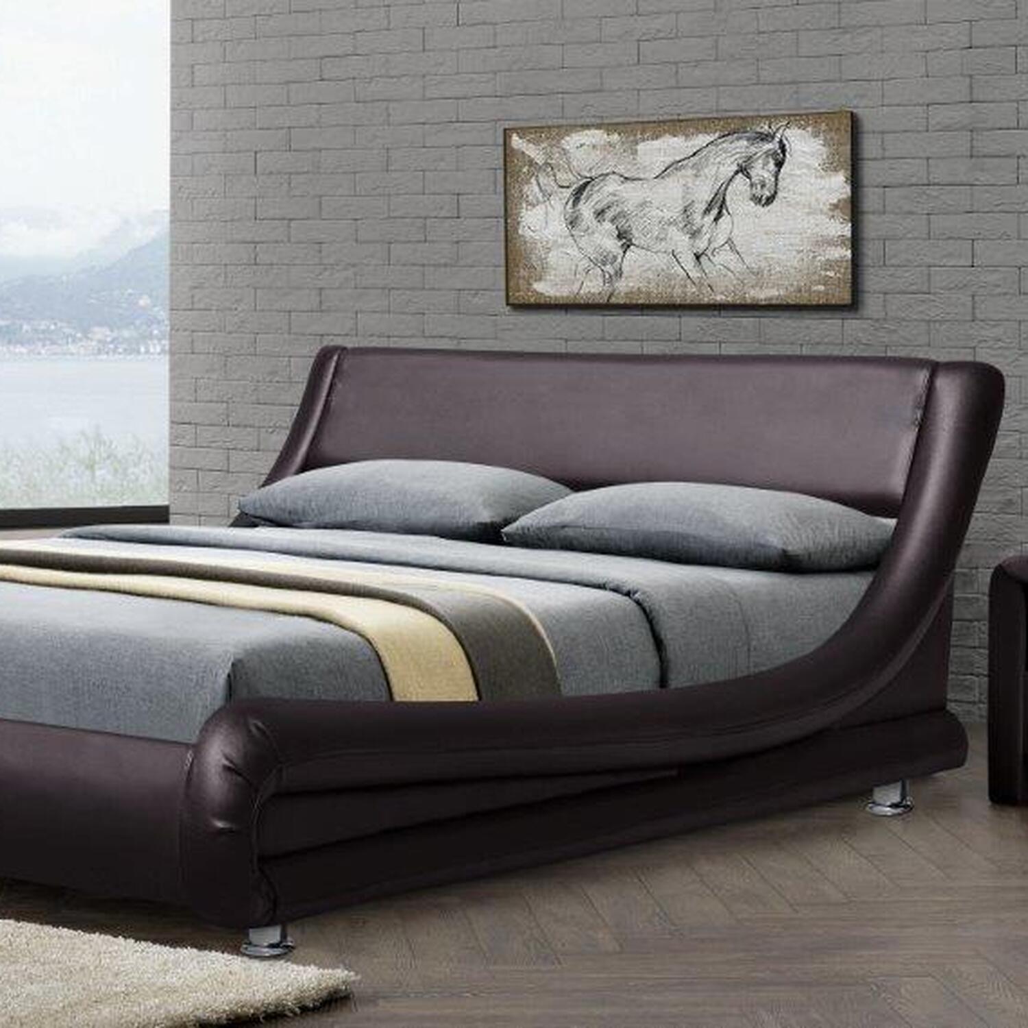 Italian Designer Faux Leather Bed Frame In Chocolate - Brown / King