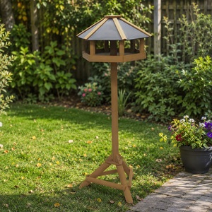 Hexagonal Wood Bird Feeding Station Table Stand Outdoor Garden Feeder With Roof