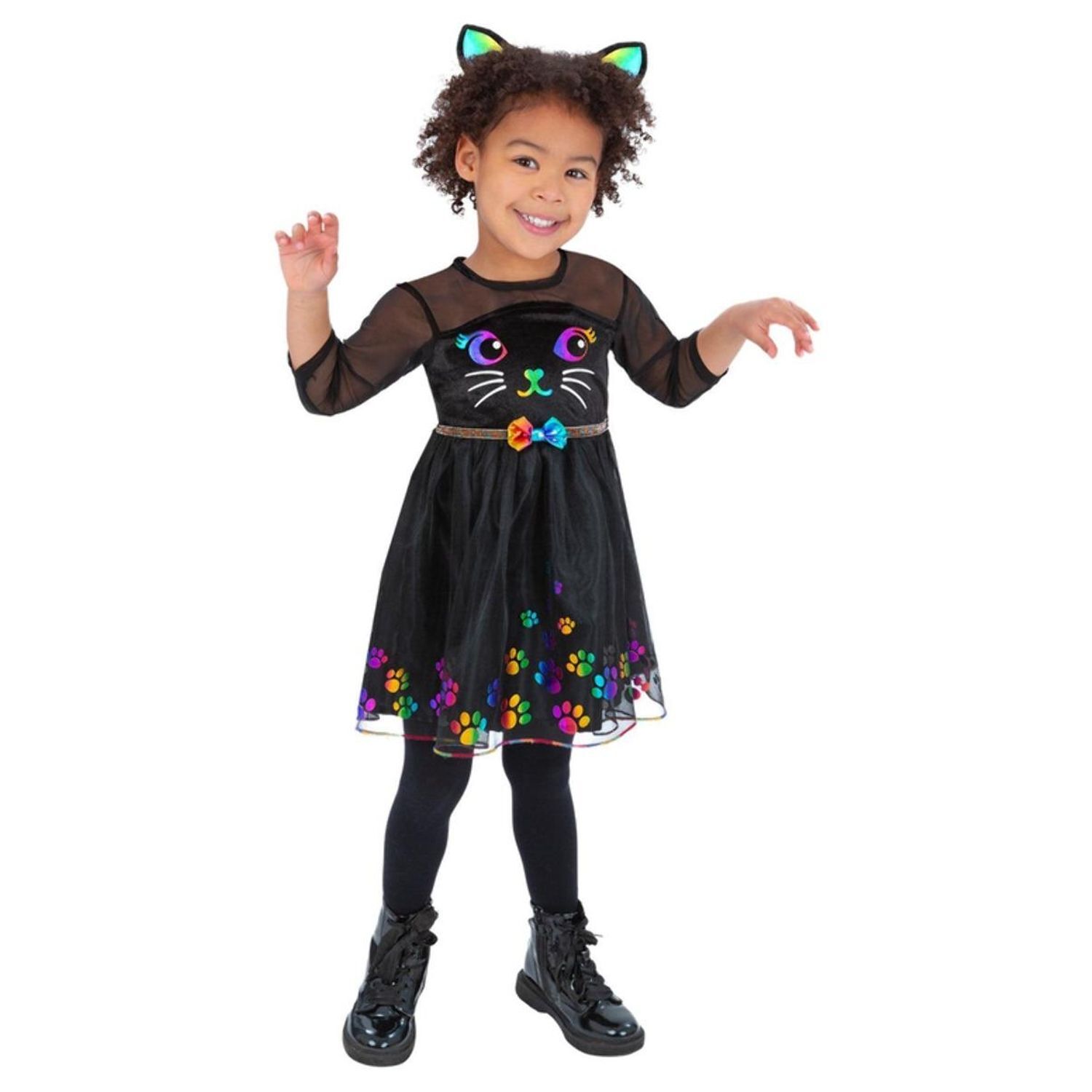 Smiffys Girls Rainbow Cat Polyester Costume Set - Black/Rainbow / 4-6 Years
