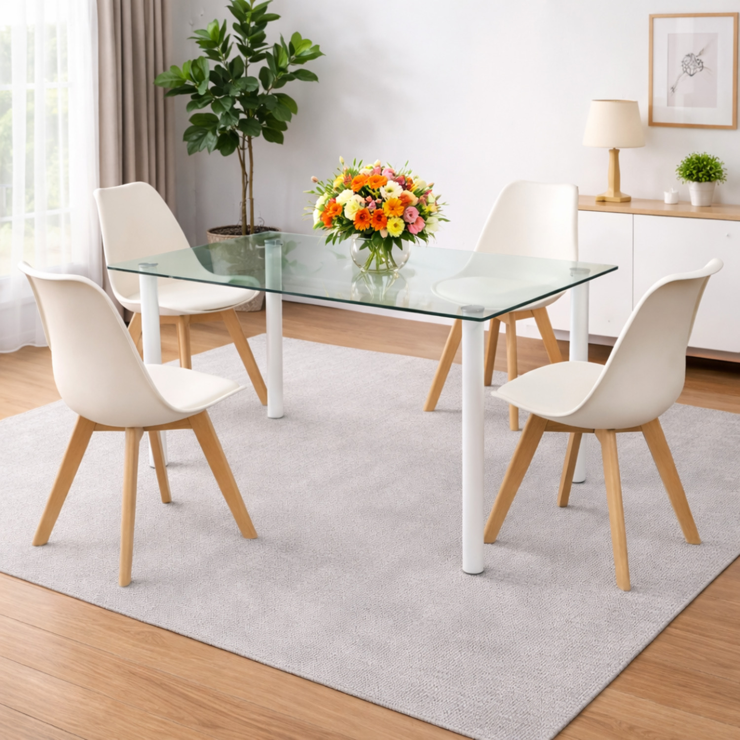 Kosy Koala Cream Modern Glass Dining Table Set With 4 Plastic Chairs Furniture - Image 2