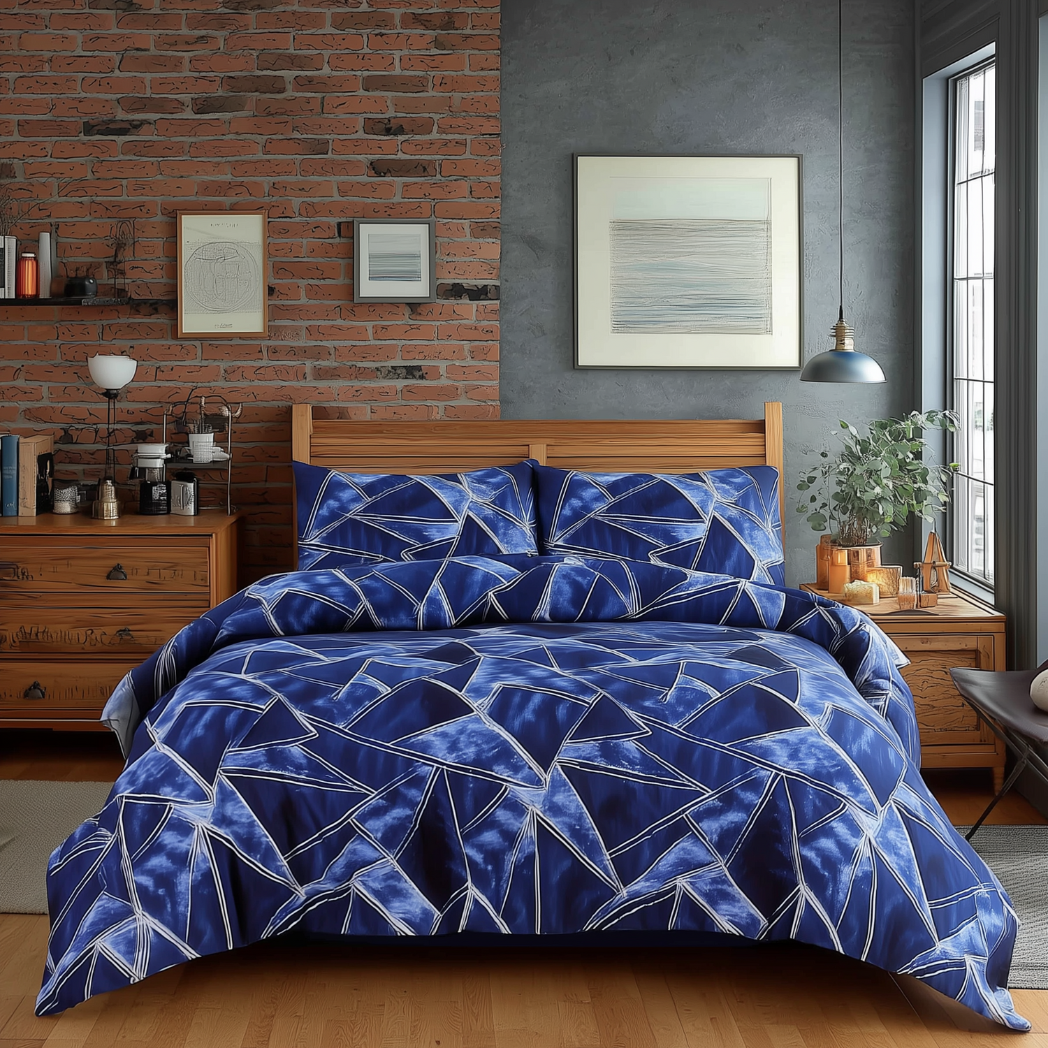 Duvet Cover And Pillowcase Set Navy Blue Triangle Print Design Polycotton Bed Linen - Blue / Superking