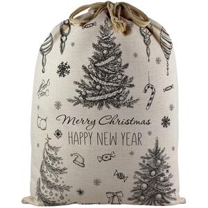 Christmas Trees Santa Sack - Large Linen-Style Xmas Gift Bag with Drawstring