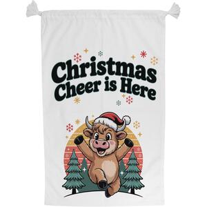 Christmas Cheer Highland Cow Present Bag - Novelty Xmas Santa Sack with Drawstring