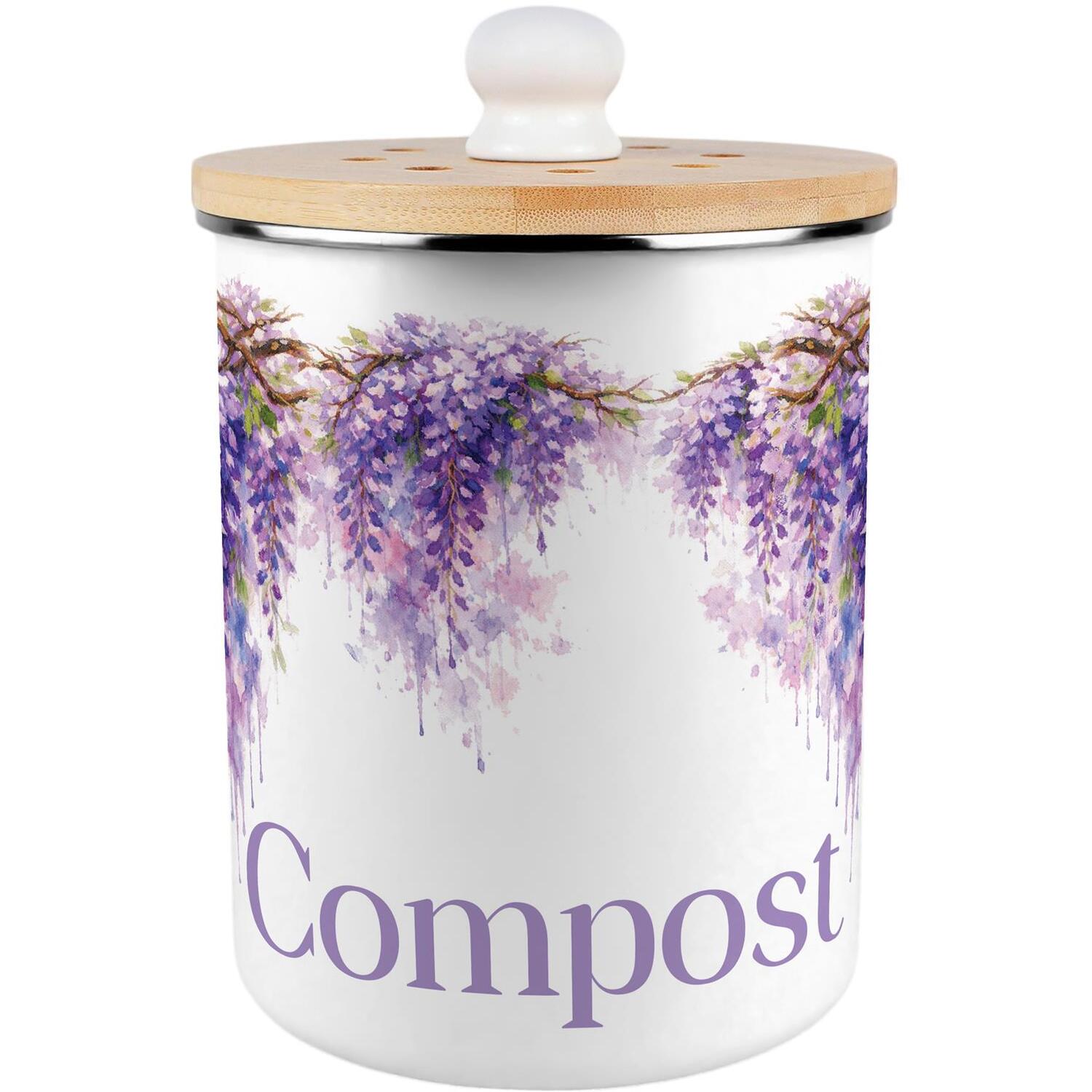 Purely Home Purple Wisteria Compost Caddy - Metal 2L Decorative Kitchen Food Waste Bin - Purple