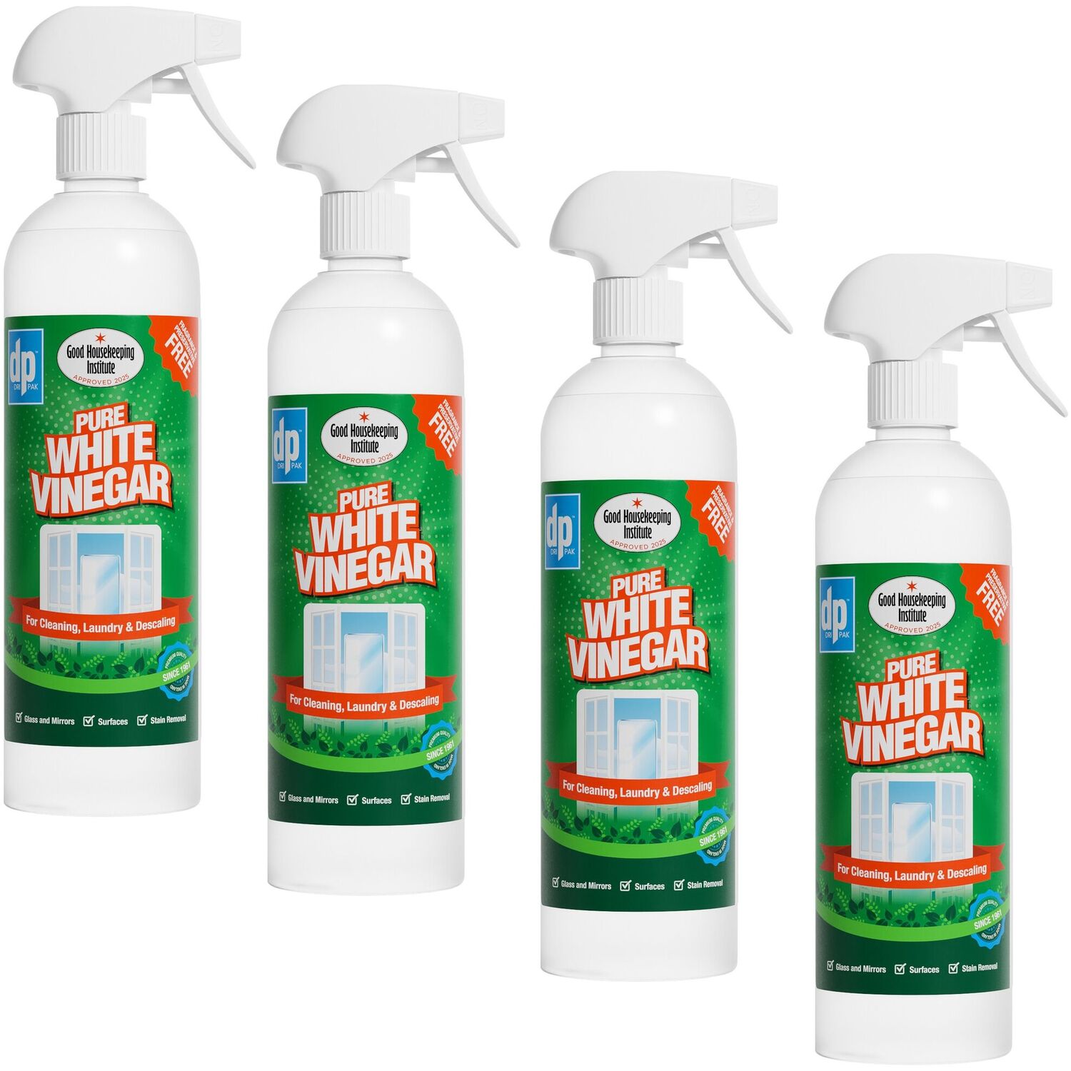 Dri Pak 4X Pure White Vinegar Household Cleaning Spray Limescale Stain Remover 750Ml - Clear