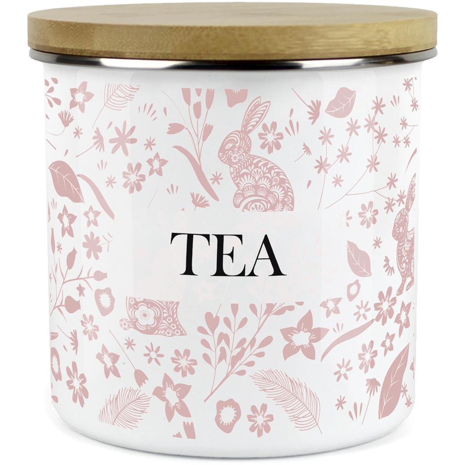 B&Q - Pink Wild Rabbits Tea Storage CanisterWhite Metal Enamel Kitchen Food Storage Container - Image 2