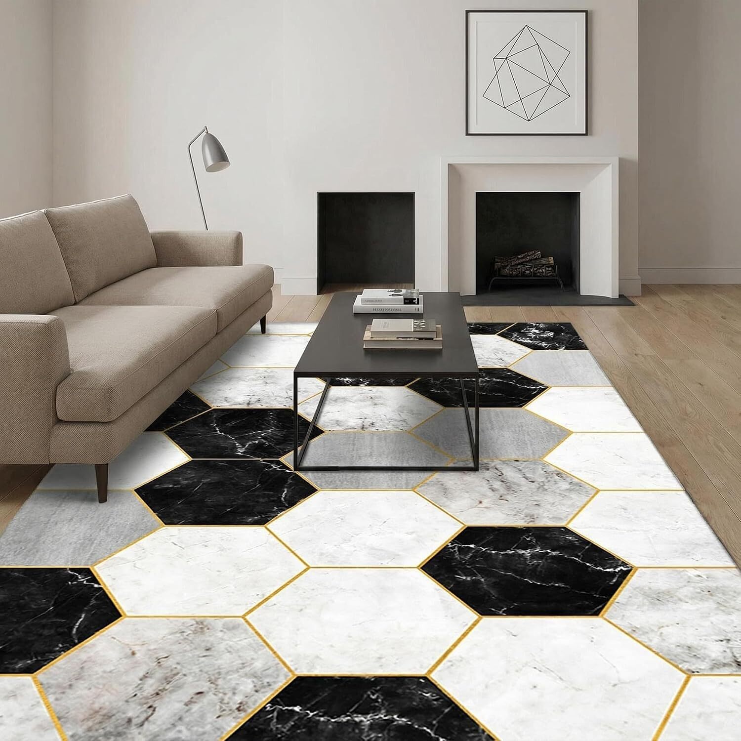 MCC Direct Short Pile Rectangular Hexagon Pattern Rug Indoor Carpet 6 sizes in Black | Size: 160 cm x 230 cm